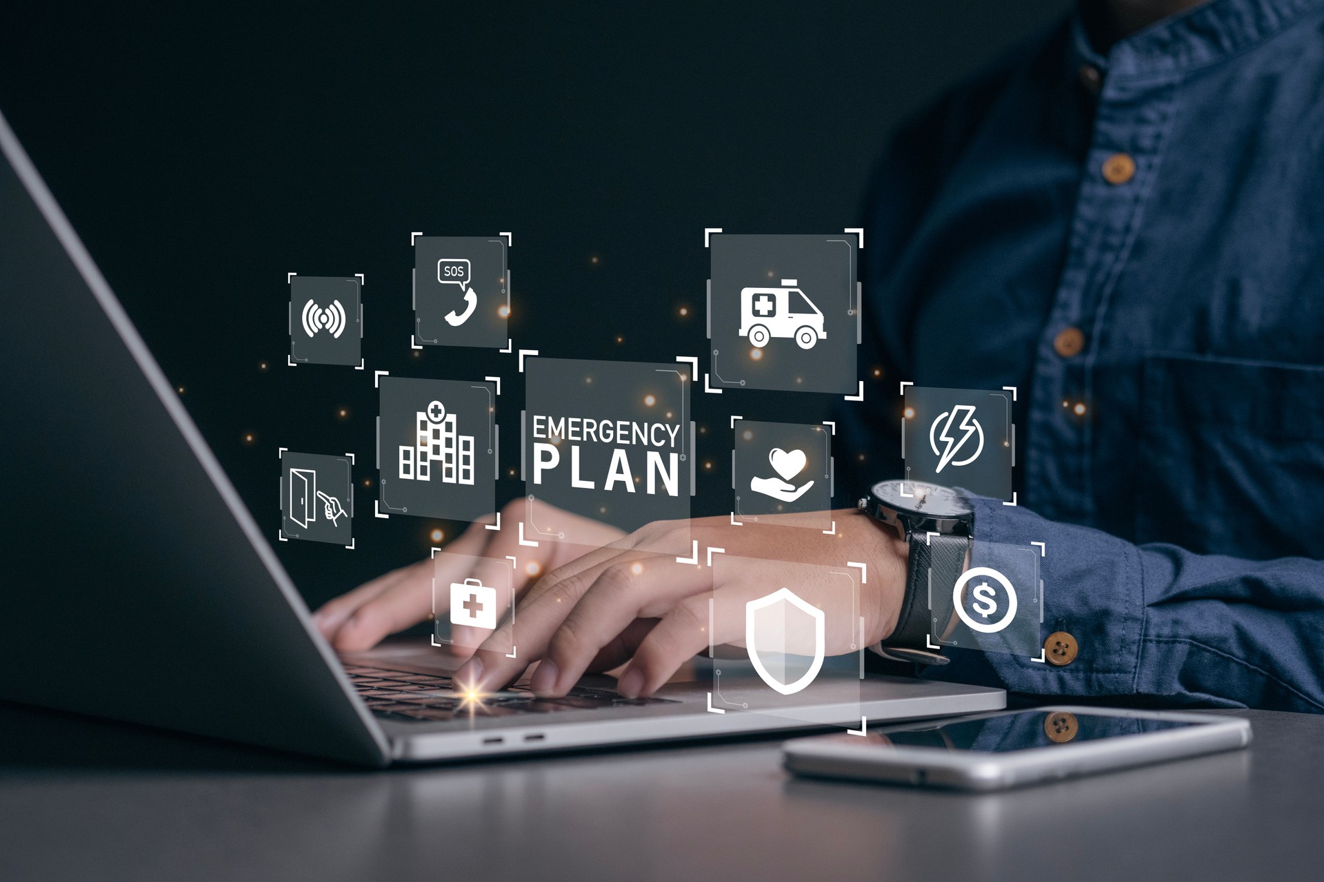 Businessman using a computer to Emergency Plan icon to learn and prepare in emergency situation .Business Evacuation Training concept. Concept of Emergency Preparedness Plan